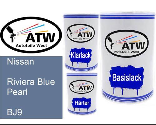 Nissan, Riviera Blue Pearl, BJ9: 500ml Lackdose + 500ml Klarlack + 250ml Härter - Set, von ATW Autoteile West.